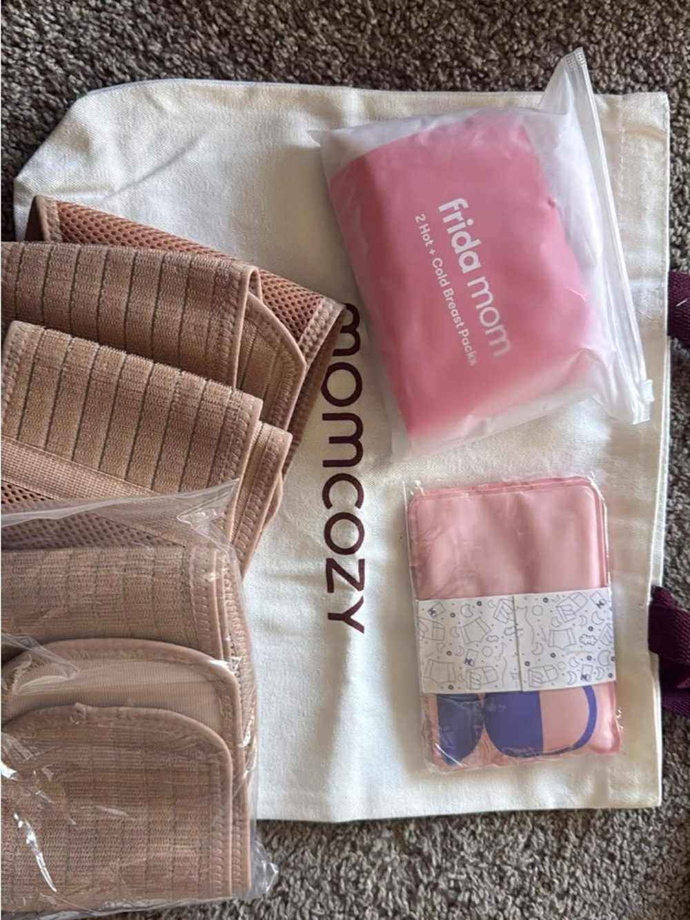 Frida Mom Pink Hot & Cold Breast Pads with Nude Postpartum Support Band Set